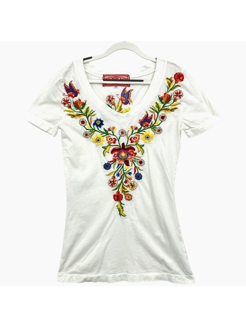 Johnny Was JWLA Top Womens XS White Embroidered *READ* Floral V Neck T Shirt